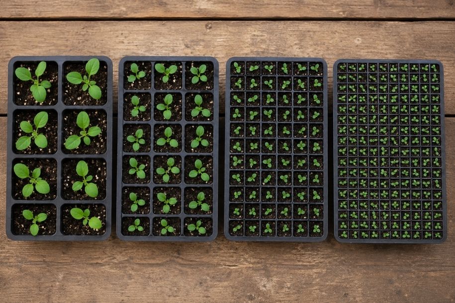 Seedling trays with 24, 40, 72 and 128 cells arranged side by side Seedling trays with 24, 40, 72 and 128 cells arranged side by side